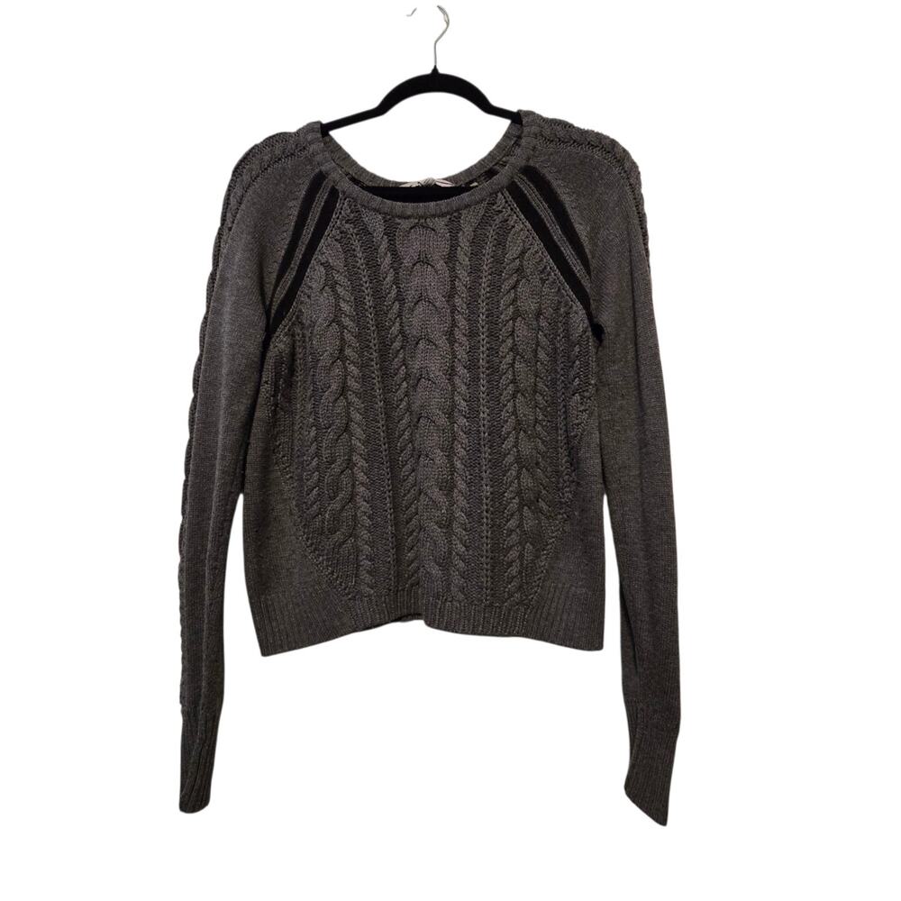Athleta Montara Cable Knit Cropped Sweater Womens SM Grey Black Preppy Academia